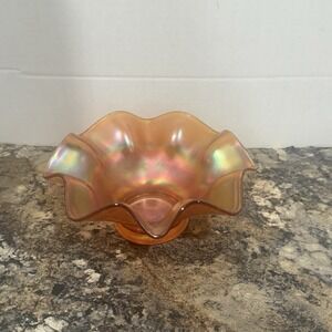 Vintage Carnival Glass Ruffled Edge Candy Nut Dish‎ Bowl Iridescent Marigold